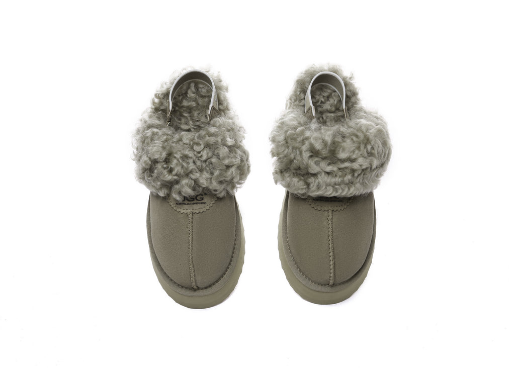 AUSTRALIAN SHEPHERD<sup>®</sup> Women Removable Wool Strap Slingback Platform Slippers Waffle Curly