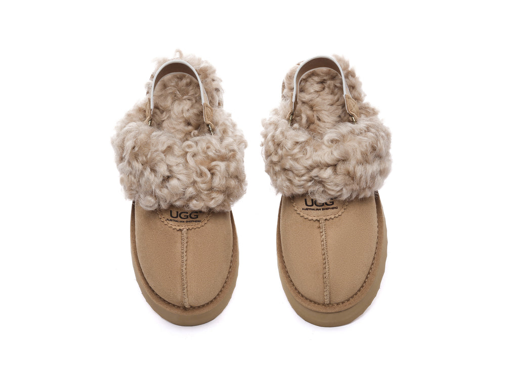 AUSTRALIAN SHEPHERD<sup>®</sup> Women Removable Wool Strap Slingback Platform Slippers Waffle Curly